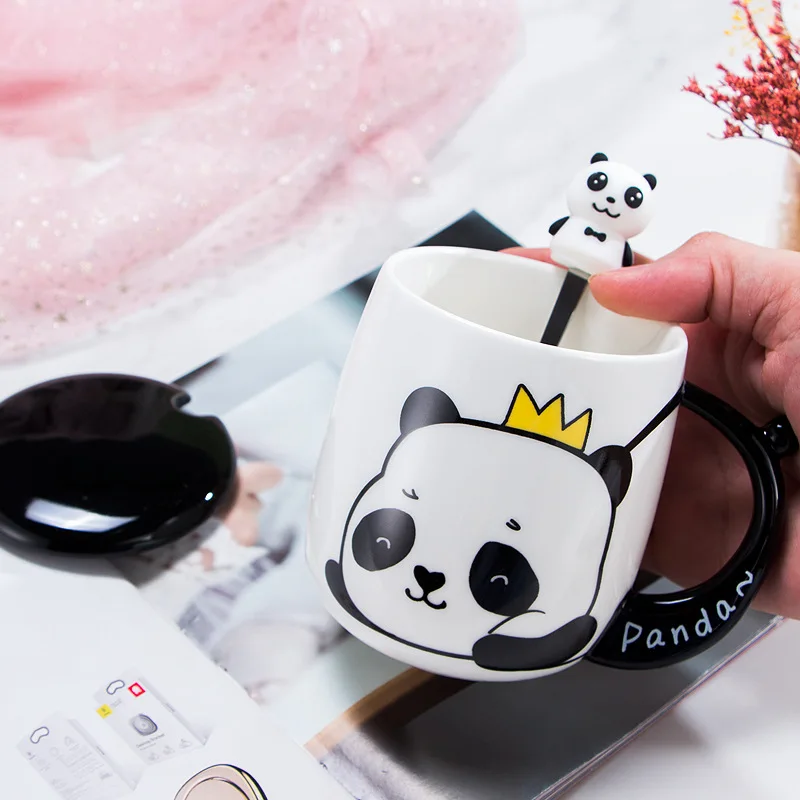 Ceramic 3D Panda Coffee Mugs with Lids Spoons New Cartoon Retro Milk Couple Cups Drinkware Business Gifts Kitchen Bar Supplies