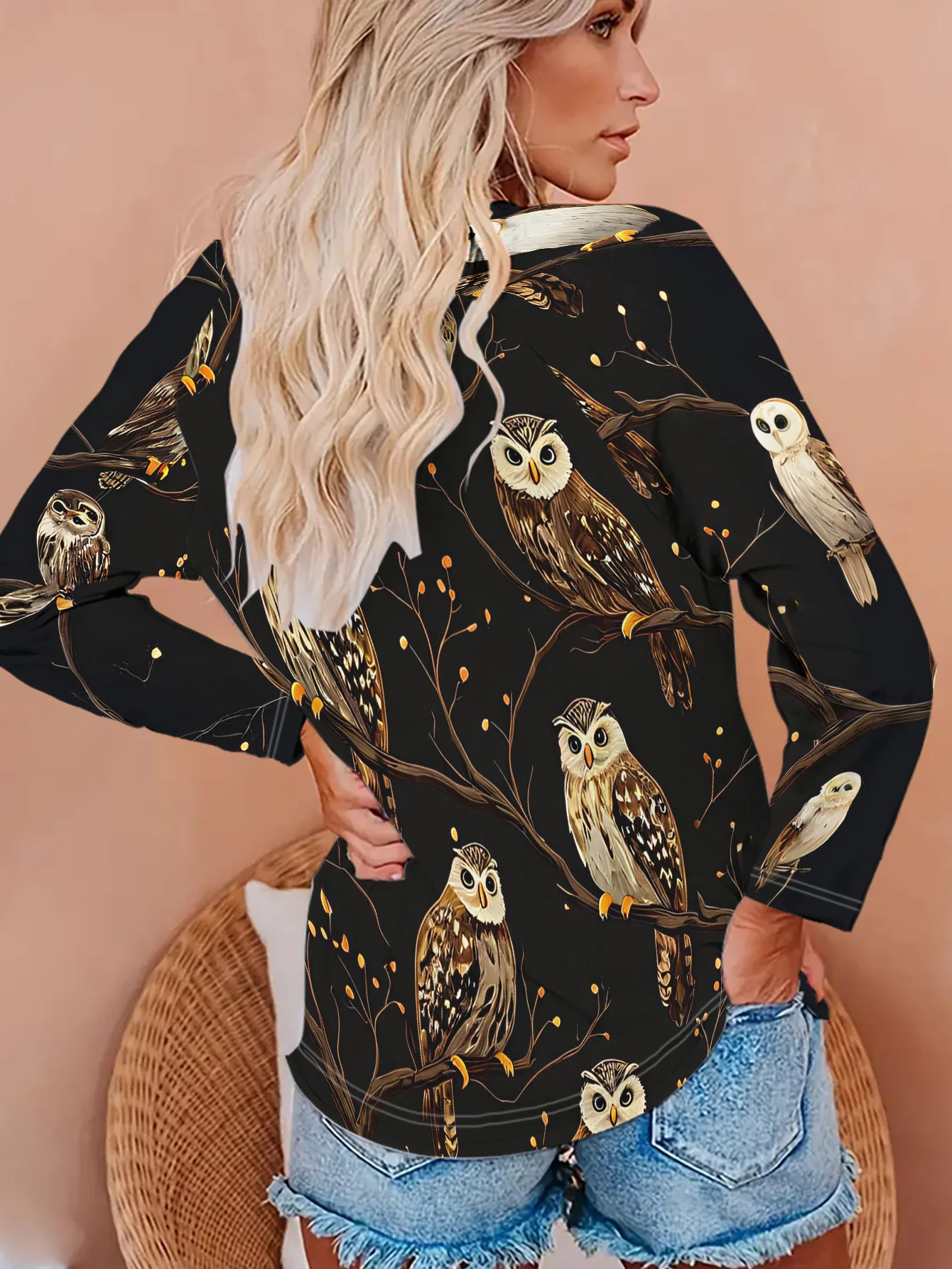 Women Round Neck Long Sleeve T‑shirt Owl Bird Branch Forest Print Holiday Tee Top Casual Daily Autumn Wear Women's Clothes