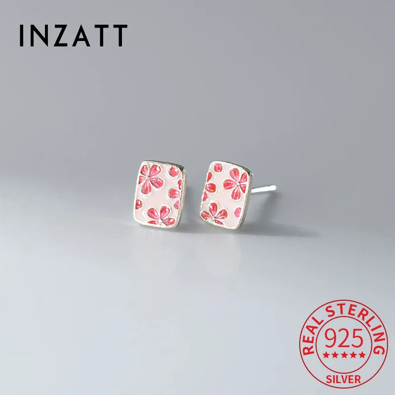 

INZATT Real 925 Sterling Silver Square Sweet Pink Cherry Blossoms Stud Earrings for Women Classic Fine Jewelry Plant Accessories
