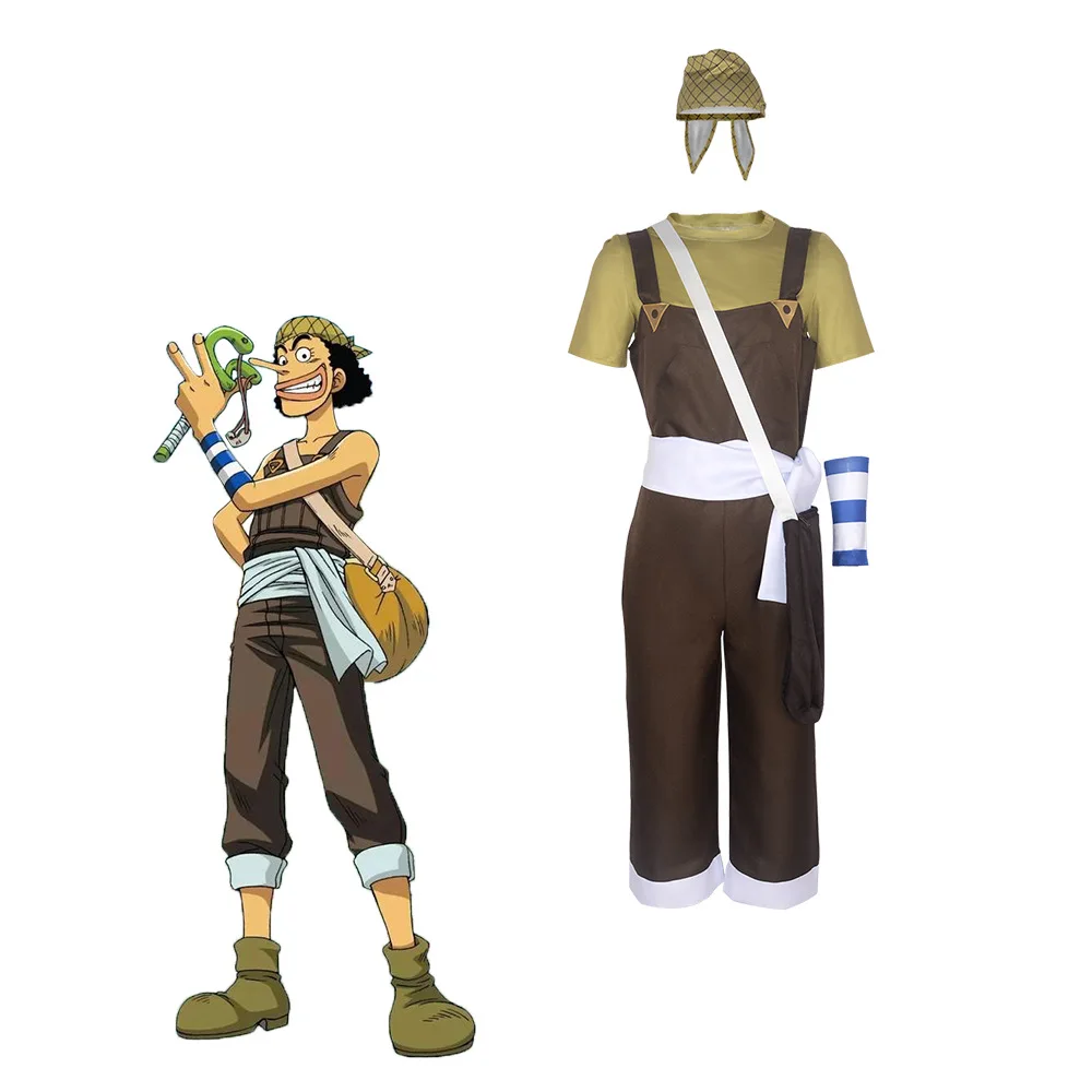 Disfraz Cosplay Usopp anime, mono marrón, camiseta blanca, bufanda, cinturón blanco y bolso, atuendo para fiestas Halloween y Navidad