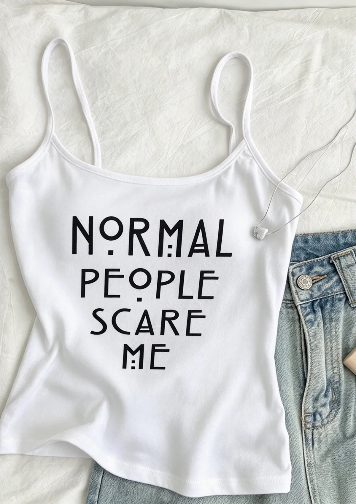 Women White Spaghetti Strap Cami Tank Top Normal People Scare Me Black Letter Print Sleeveless Slim Summer Casual Ladies Vest