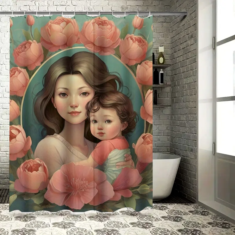 Charming Mother and Child Floral Shower Curtain - Waterproof, Mildew-Resistant, Machine Washable for Elegant Bathroom Decor