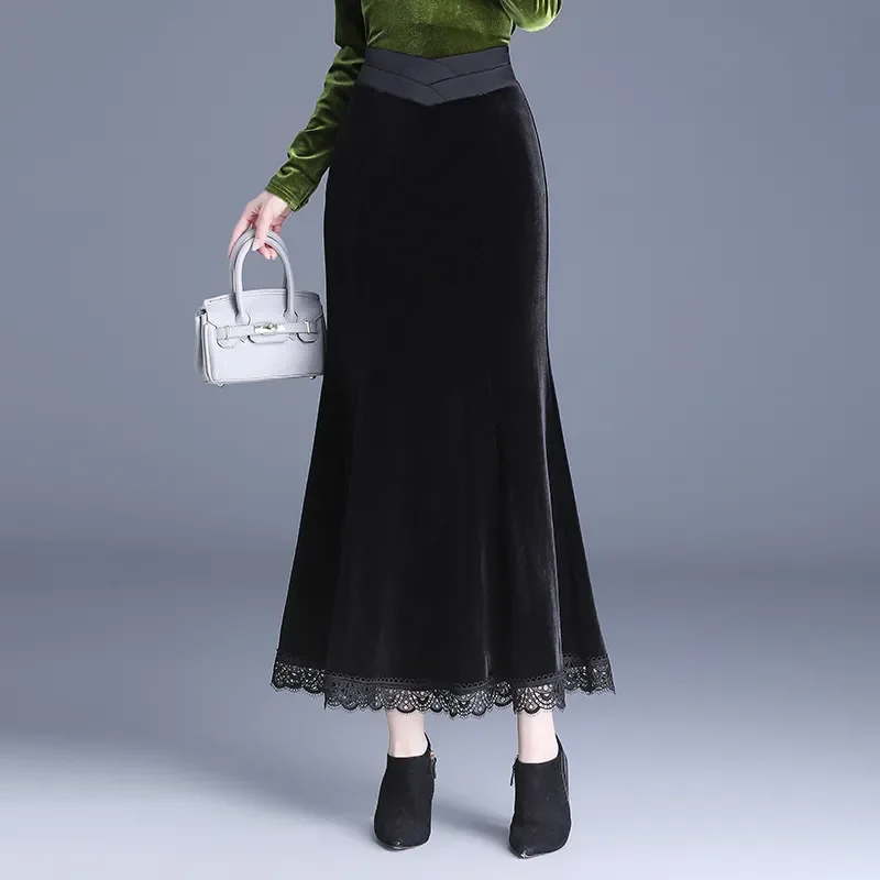 Elegant Women's Ankle Length A-Line Skirt With Lace Trim Loose Fit Office Wear Fashionable Fall Winter Style