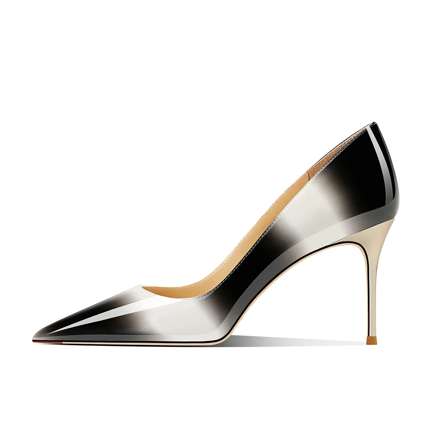 2025 Spring and Autumn New Black and White Gradient Color Fashionable and Sexy Pointed Fine Heel Lacquer Leather Single Shoes