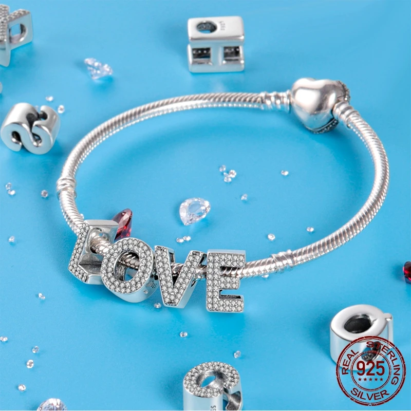 26 A-Z Alphabet Beads 925 Sterling Silver LOVE Letter Charm Fit Original Bangle Charms Bracelet CZ Zircon Bead Jewelry