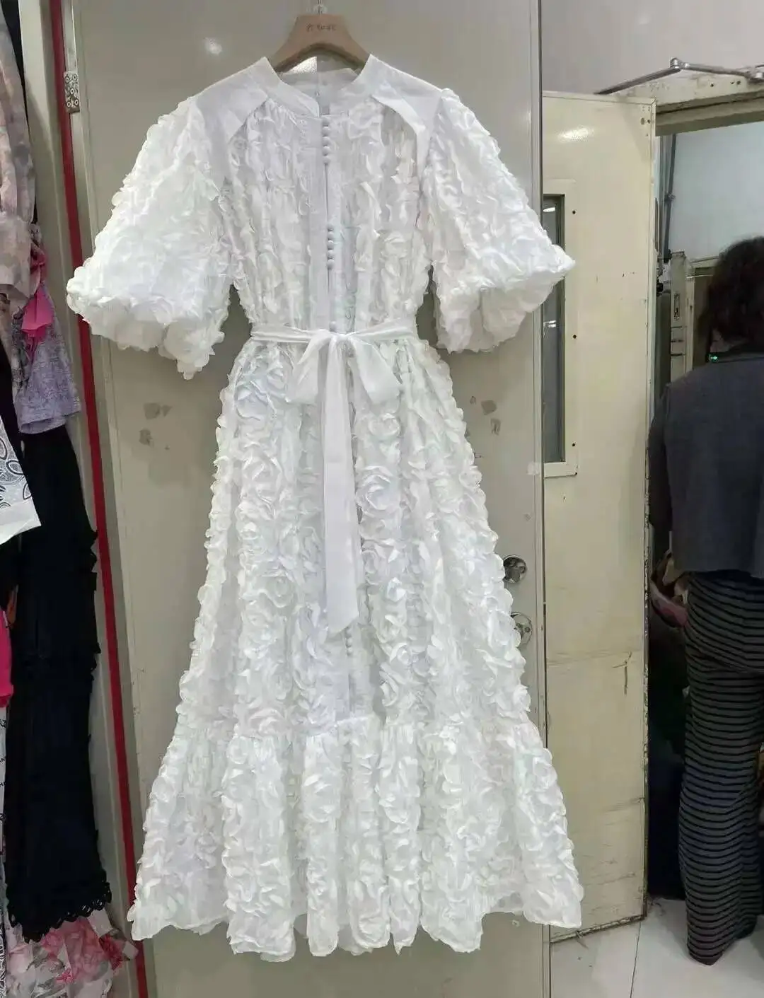 Luxe 3D Bloem Prom Formele Jurk Vrouwen Zomer Herfst Losse Big Size A-lijn Geplooide Single Breasted Midi Lange Feestjurken