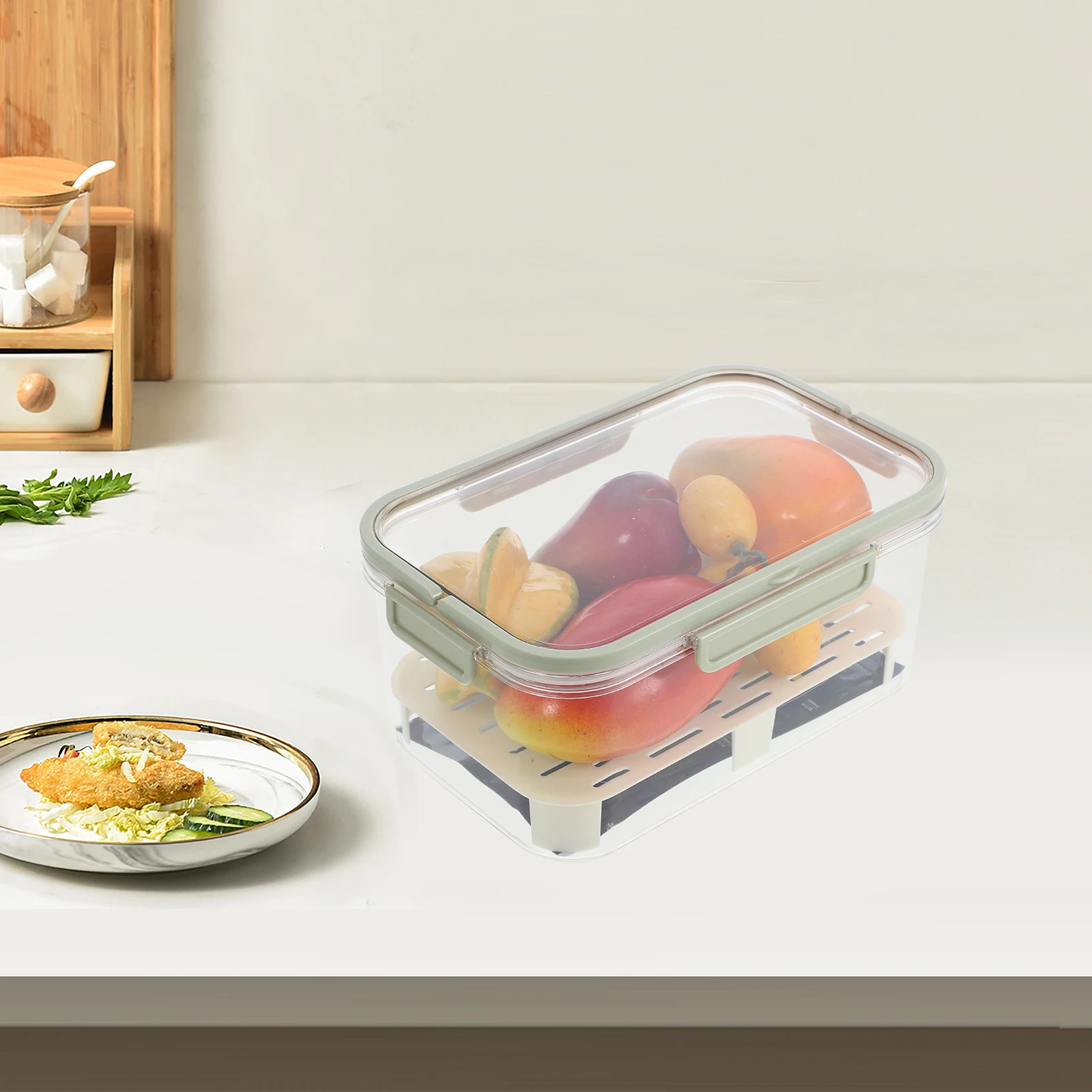 

Portable Fresh Keeping Box Reusable Pet PP Fruit Containers for Fridge Refrigerator Storage Organizer Drain Plate Basket Kitchen