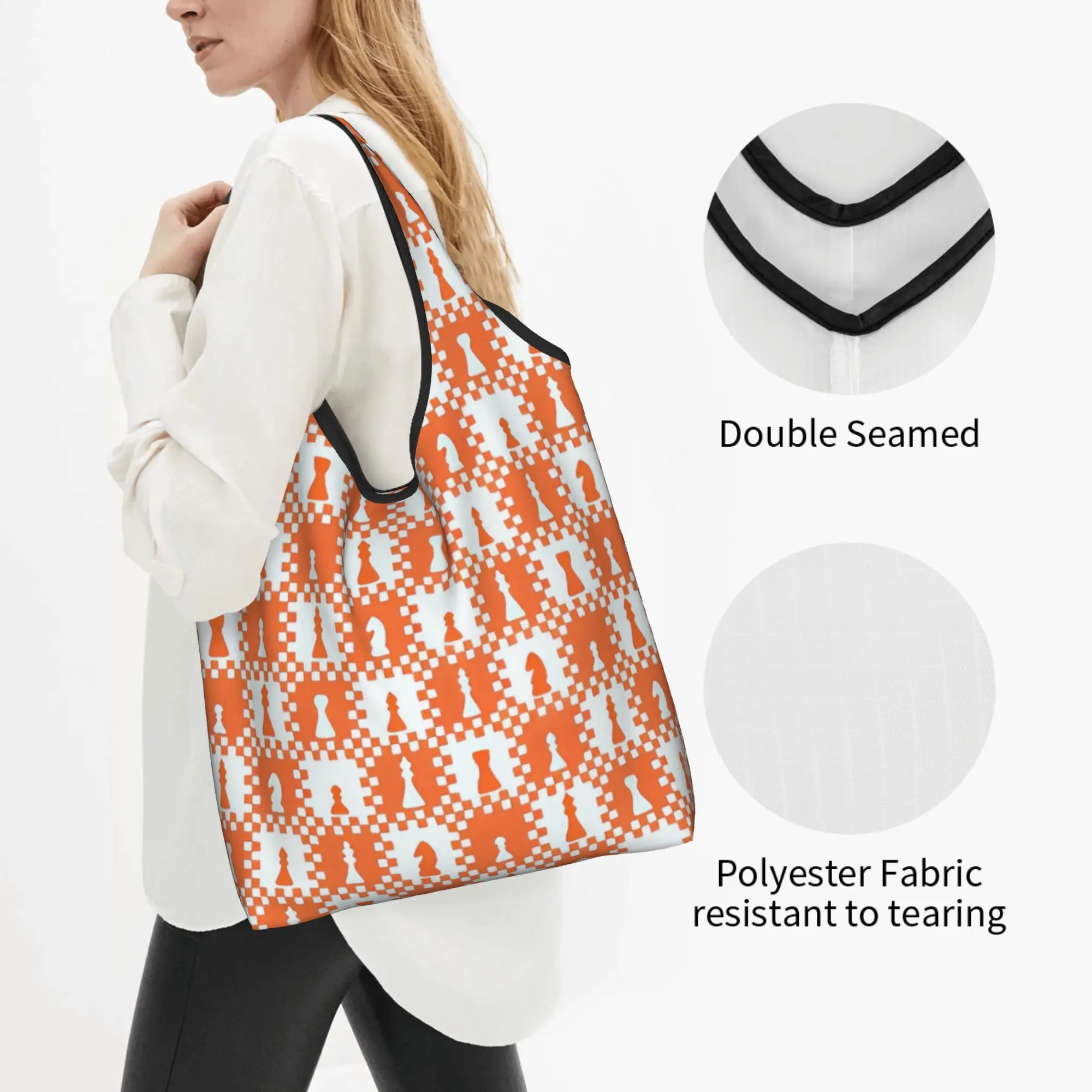 Reusable Small Scale Chess Chessmen Game Pieces on Checkerboard in Orange and White Shopping Bag Women Tote Bag Shopper Bags