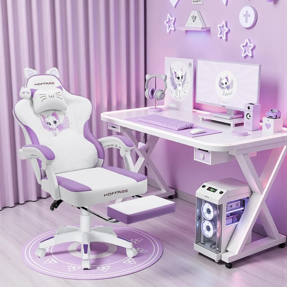 Gaming Chair for Girls with Cat Ears and Cloud Massage Cute Computer Chair with Footrest Comfortable Reclining Game Chairs