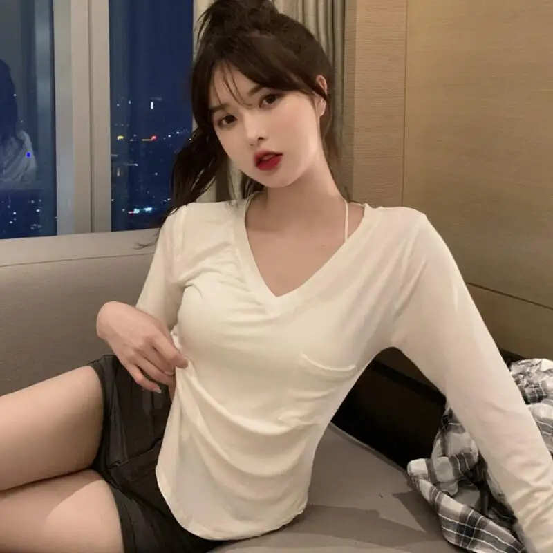 

Сексуальная женская футболка с v-образным вырезом и длинными рукавами в стиле Pure Desire, модная и универсальная, облегающий нижний топ для пикантных девушек