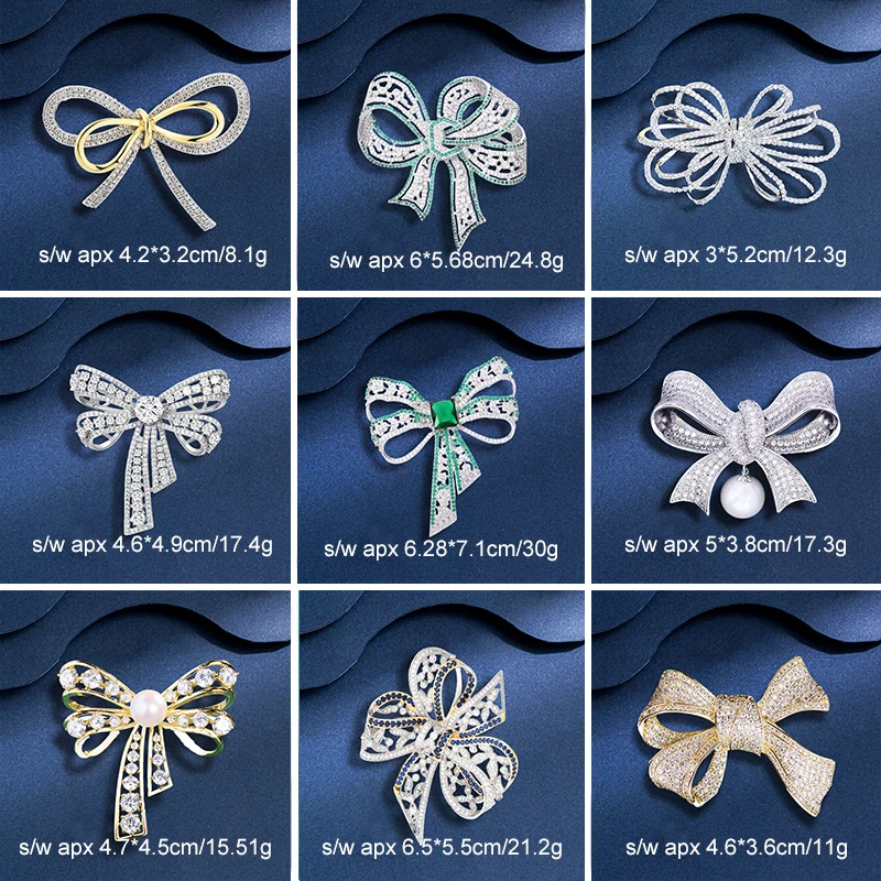 OKILY Exquisite Zircon Streamer Bow Brooches Atmospheric Pin Coat Jacket Bowknot Broche for Women Clothing Accessories Wholesale