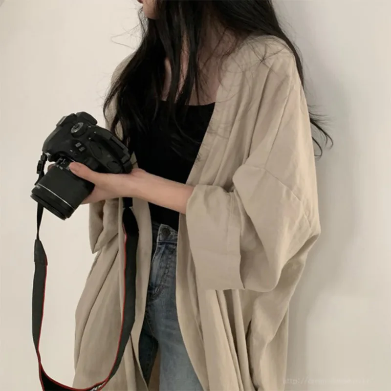 

Summer Loose Long-sleeved Women's Shirt Solid Color Thin Trench Coat Sunscreen Clothes Women