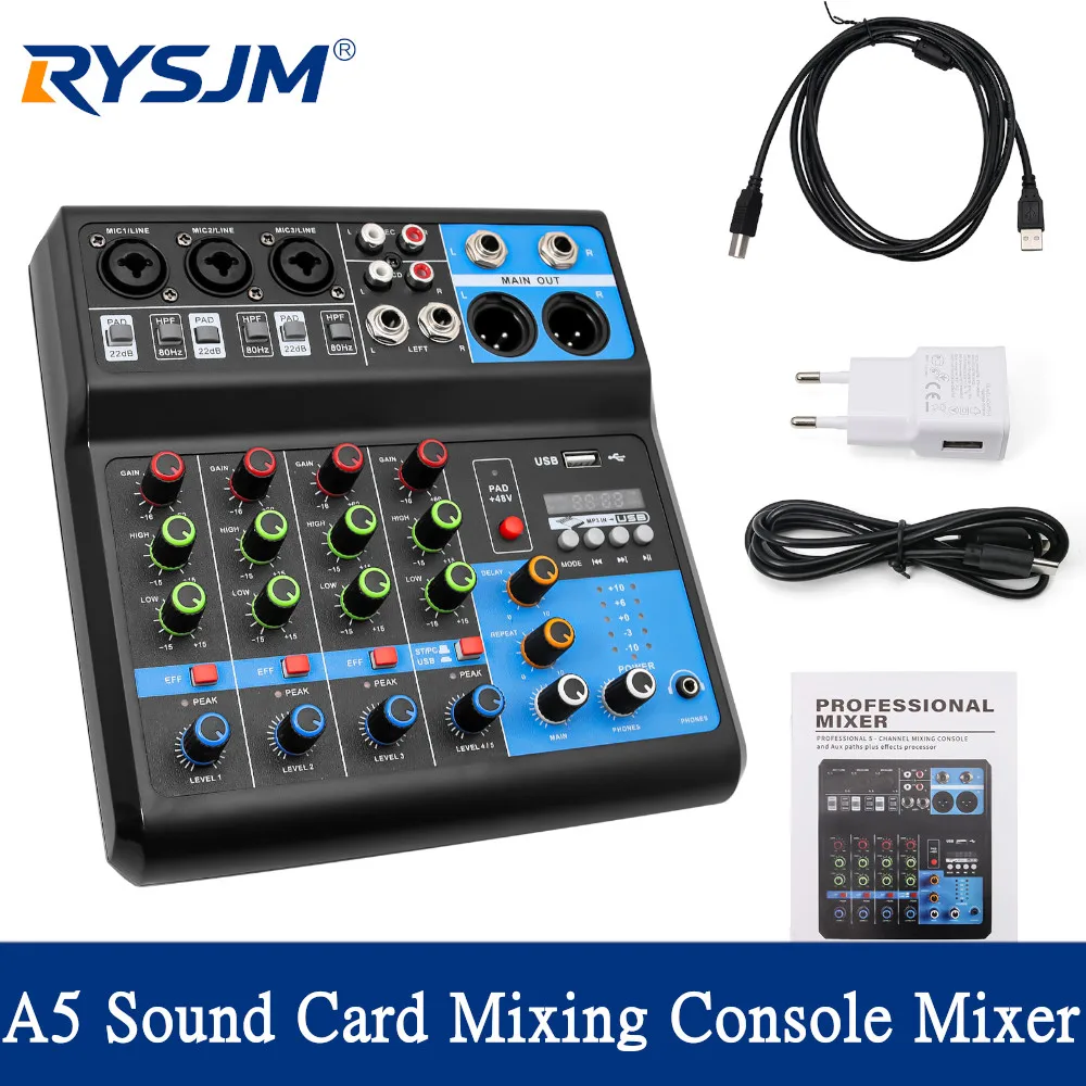 New A5 Sound Card Mixing Console Mixer Professional Audio 5 Channel Sound Mixer For Live Streaming DJ Audio Equipment