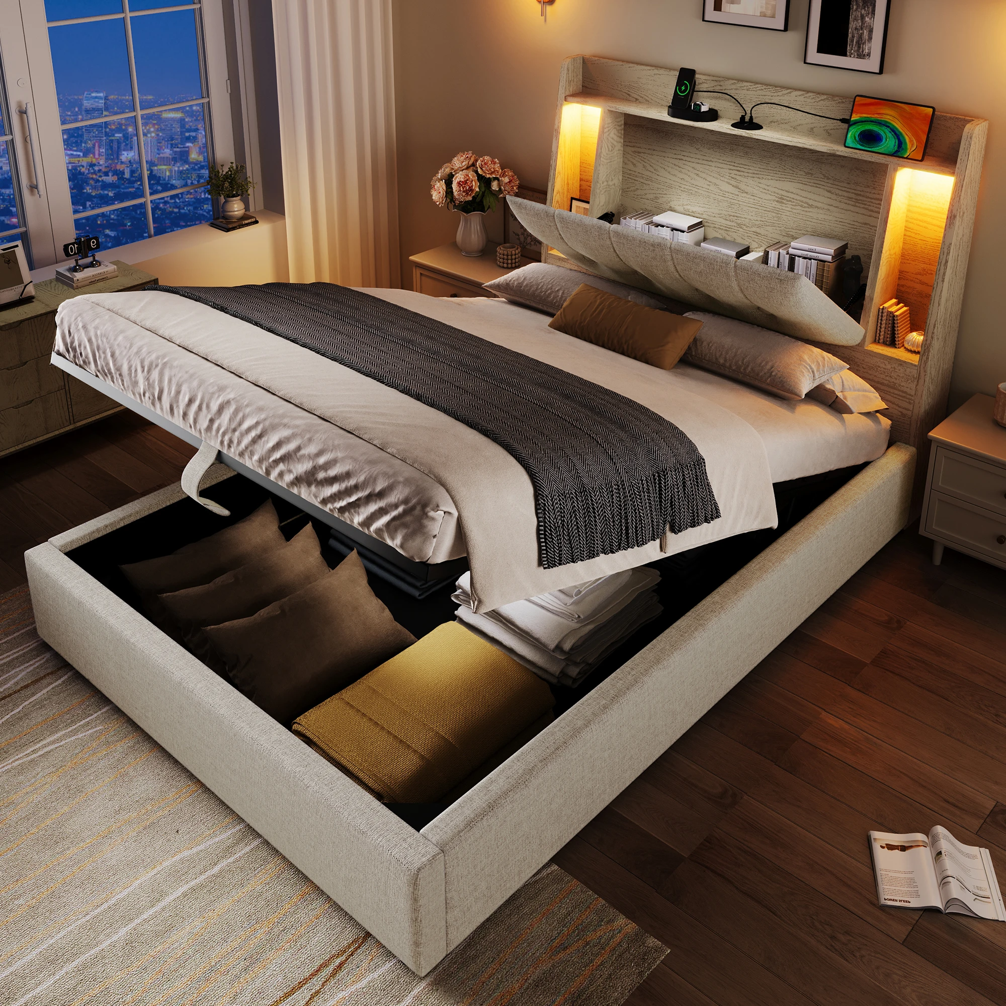 Lit Castor 90x200 cm USB Type-C LED & rangement, gain de place, en lin beige, sans matelas