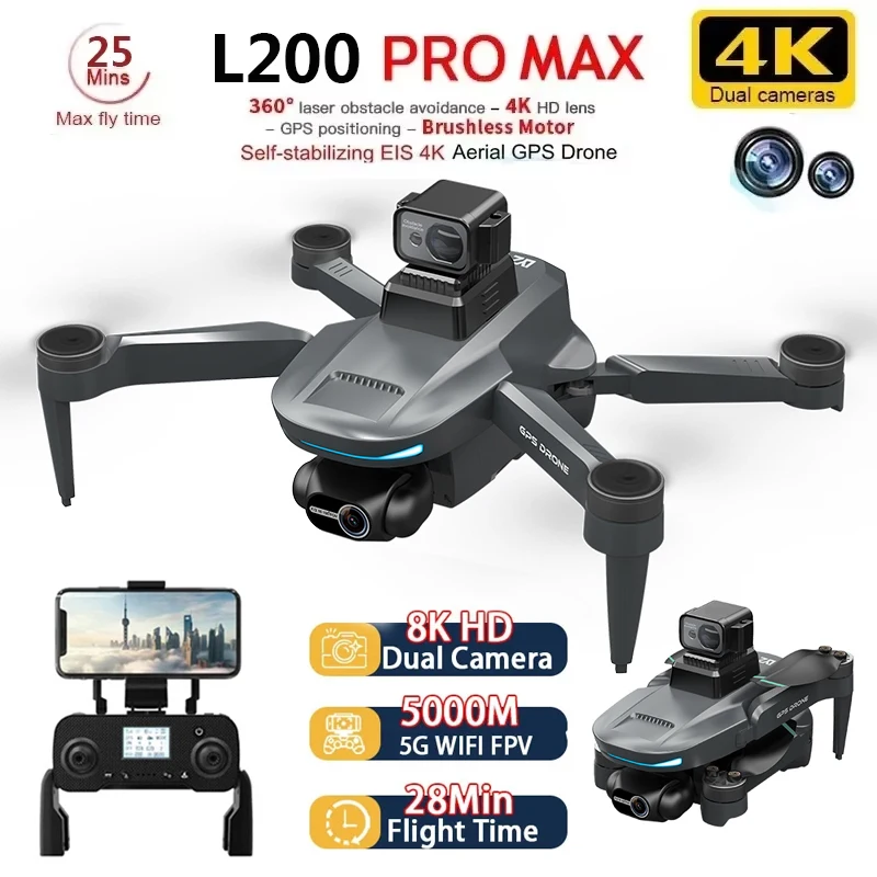 

2025 L200 PRO MAX Мини-дрон GPS 4K Карданная камера с бесщеточным двигателем для предотвращения препятствий 5G WIFI FPV Квадрокоптер Игрушка L200 PRO ﻿