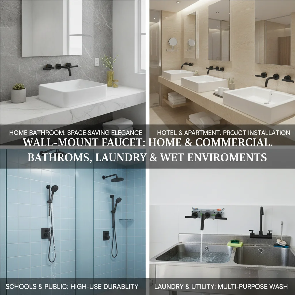 

Wall Mount Bathroom Faucet, 3-Hole Wall Faucet with 2 Handles, Black Brass Construction, Ceramic Valve Core, ABS Honeycomb Bubbler, NPT1/2" Interface