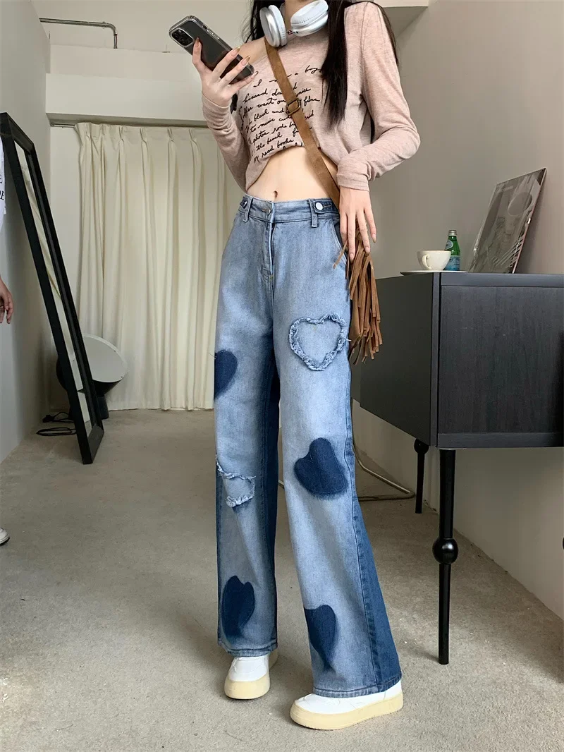 Women Clothing 2023 Spring Autumn New Fashionable Niche Design Sense Love Stick Adjustable Waist Loose Straight Leg Jeans Women