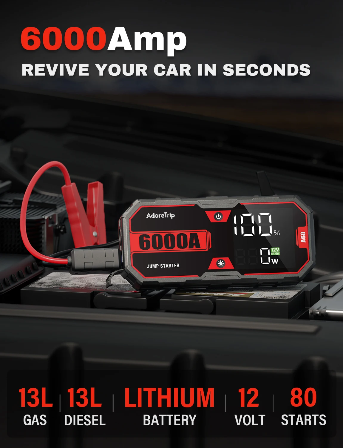 6000A Jump Starter Power Bank Car Booster Car Battery Portable Charger auto 12V Auto Emergency Outdoor 13L Gas Starting Device