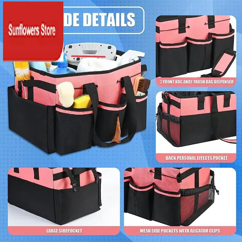 

Wearable Cleaning Storage Bag Black-Red Polyester Cleaning Tool Organizer Waterproof Bag With 4 Foldable Dividers