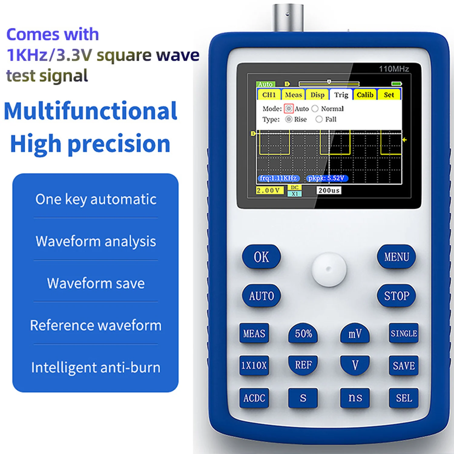 1C15 Professional Digital Oscilloscope Portable Handheld Oscilloscop 110MHz Analog Bandwidth 500MS/s Support Waveform Storage