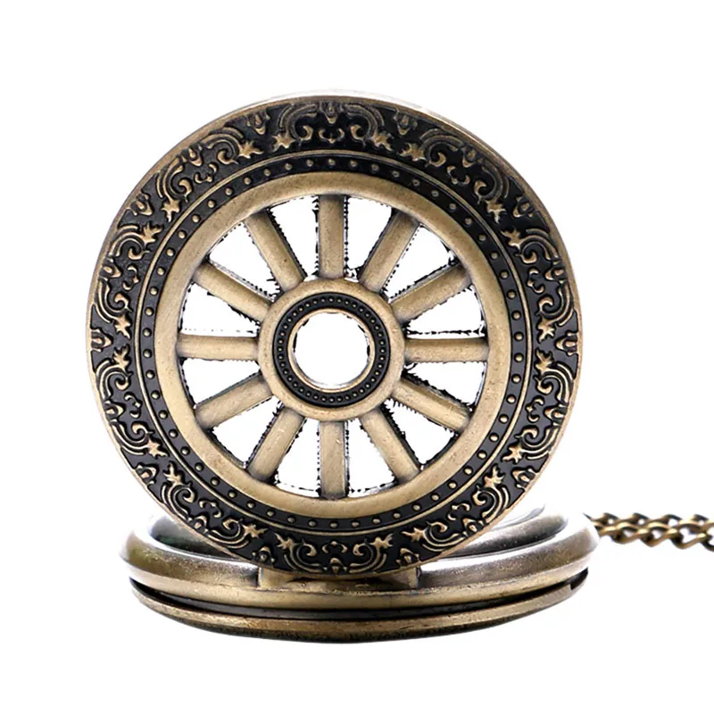 Old Fashion Hollow Out Wheel Cover Unisex Quartz Analog Pocket Watch Necklace Pendant Chain Arabic Numeral Display Clock Gift