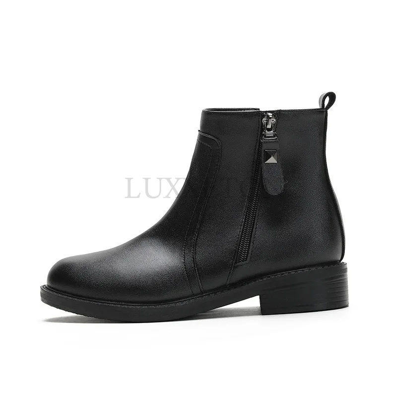 Genuine Leather Thick Heeled Short Boots with Soft Soles Side Zippers for Women Boots Plush Insulation Versatile Oversized Shoes