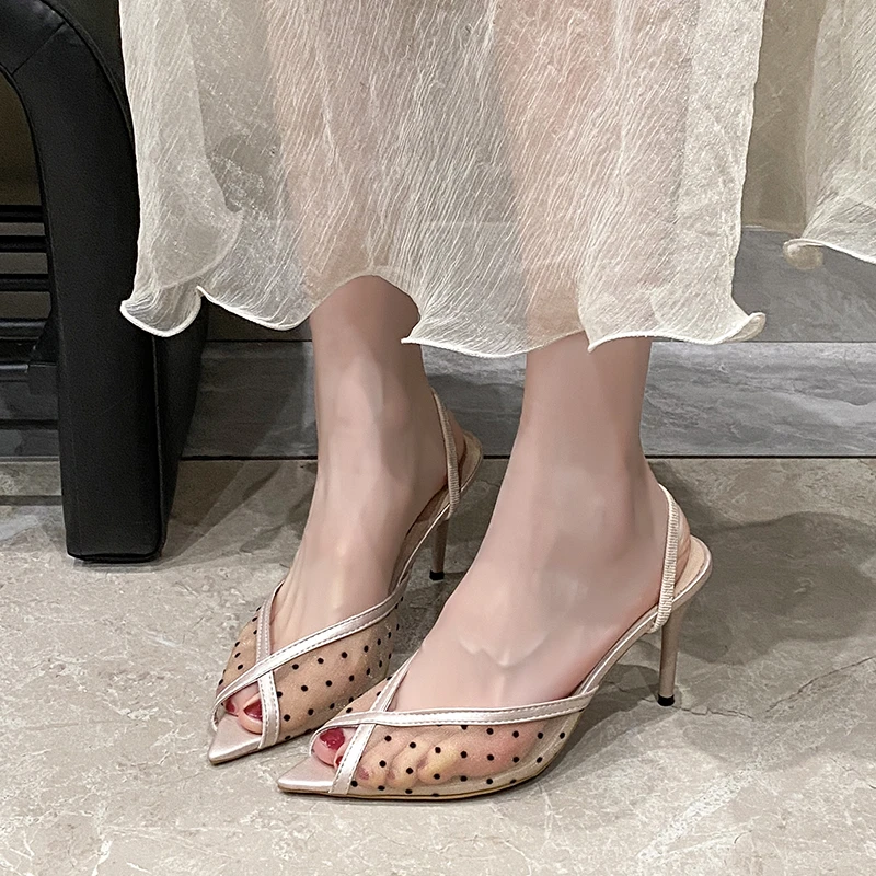 

Pointed Toe Open Toe Non-Tired Feet High Heel Fish Mouth Shoes Ankle Strap Rhinestone Lace Stiletto Heel Sandals