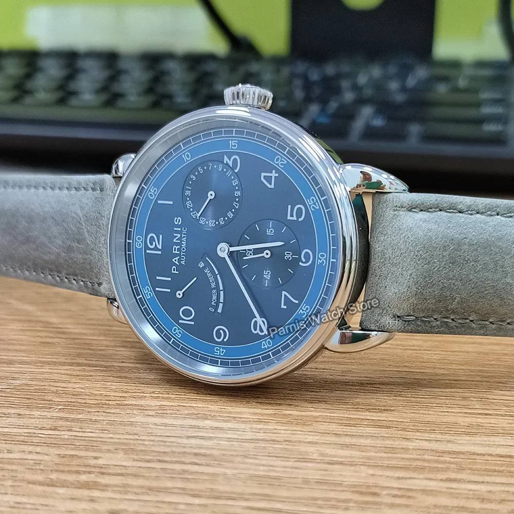 Parnis 42mm Power Reserve Blue Dial SeaGull 1780 Automatic Movement Watch Small Second Date Indicator