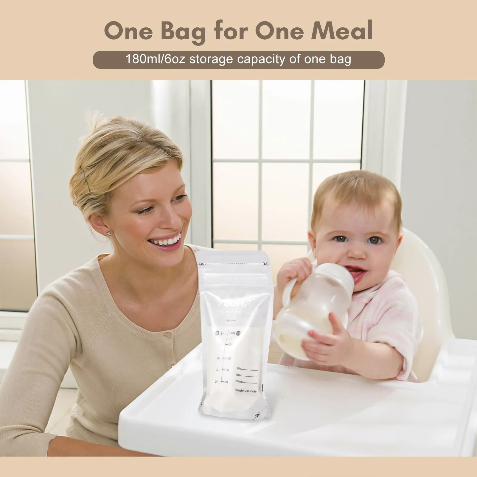 YOUHA Breastmilk Storage Bags Milk Storing Bags for Breastfeeding 180ml/6oz Capacity Pre-Sterilized BPA Free Double Zipper Seal