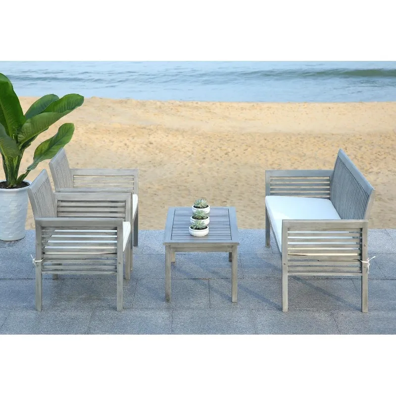 SAFAVIEH Outdoor Collection Carson Grey Wash/ Beige Cushions 4-Piece Conversation Patio Set