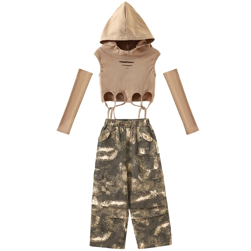 Kid Wasteland Hip Hop Clothing Brown Hoodie Crop Tank Camouflage Print Cargo Pants Shorts for Girls Jazz Dance Costumes Clothes