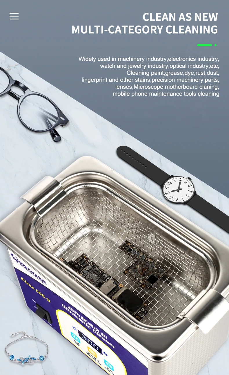 ช่าง iClean-E08B Ultrasonic Cleaner 0.8L 80W ความถี่ทําความสะอาดเครื่องเมนบอร์ดเลนส์ซ่อมโทรศัพท์เครื่องมือซักผ้า