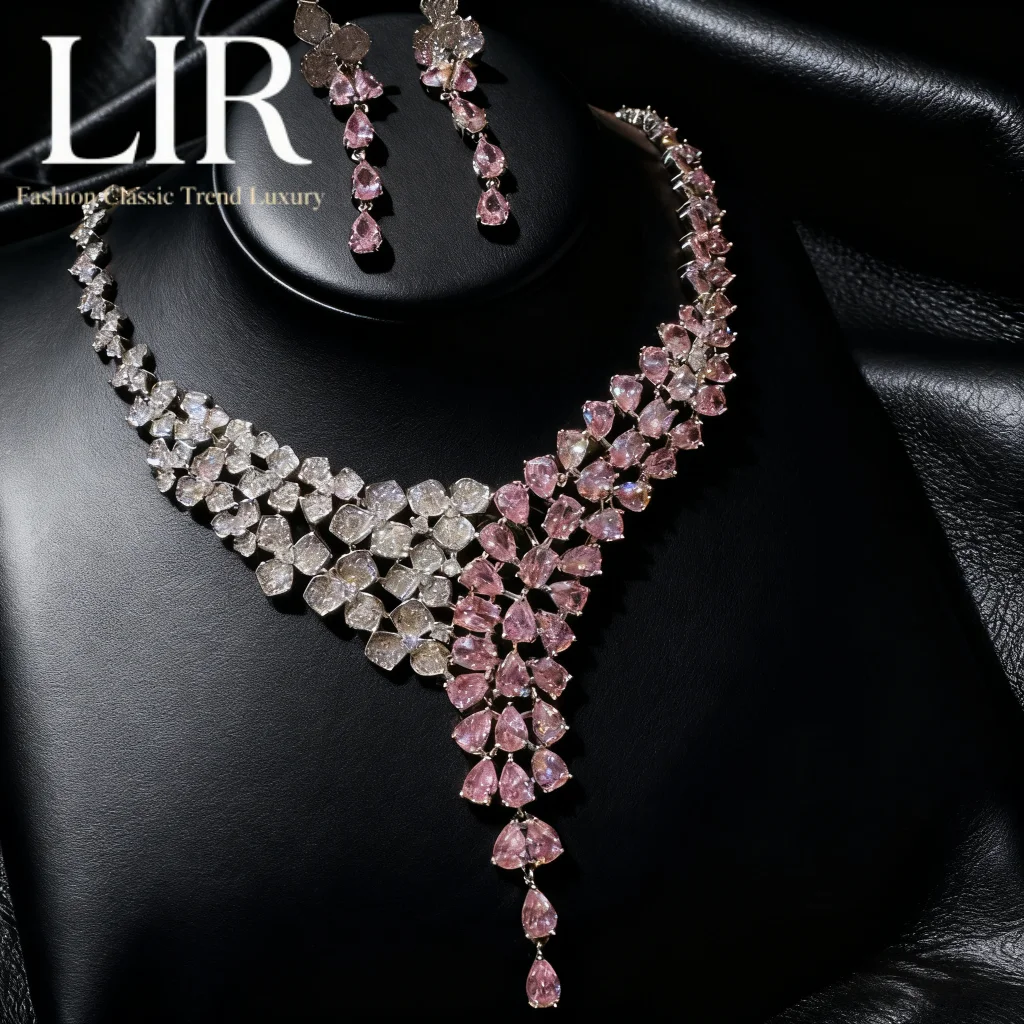 

Женский комплект ювелирных изделий на заказ LIR: ожерелье Padparadscha с розовым цветочным каплевидным цветком, винтажные серьги с благородной розовой короной и цирконием