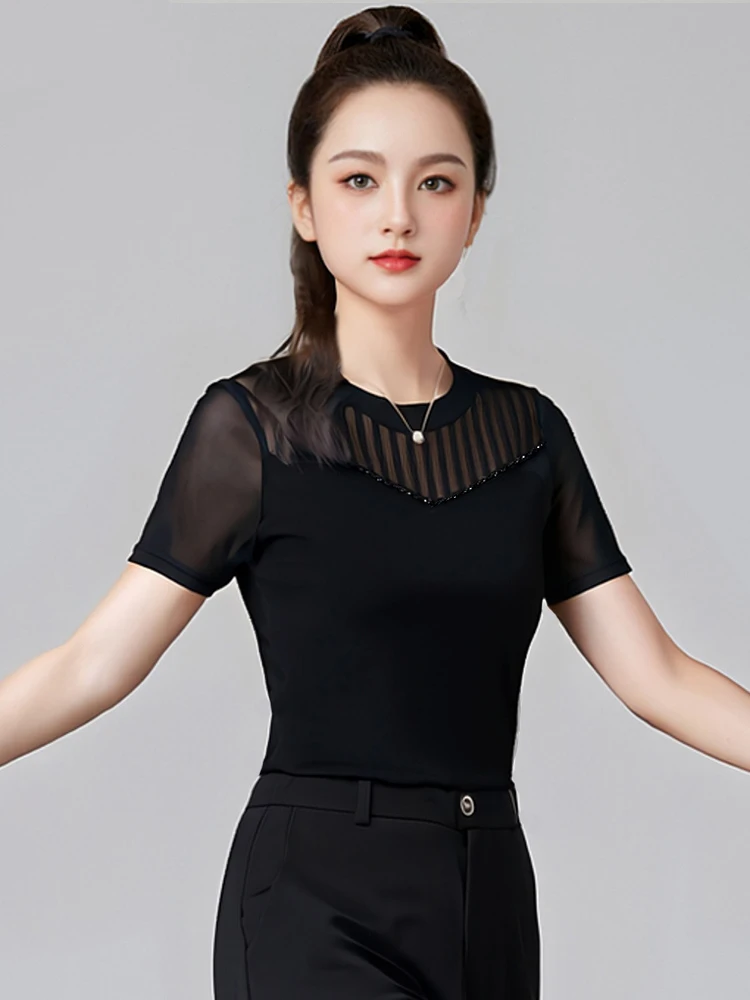 여성 볼룸 댄스 연습 탑 블랙 반팔 살사 라틴 댄스 탑 여성 블랙 모던 댄스 의상 DW10803