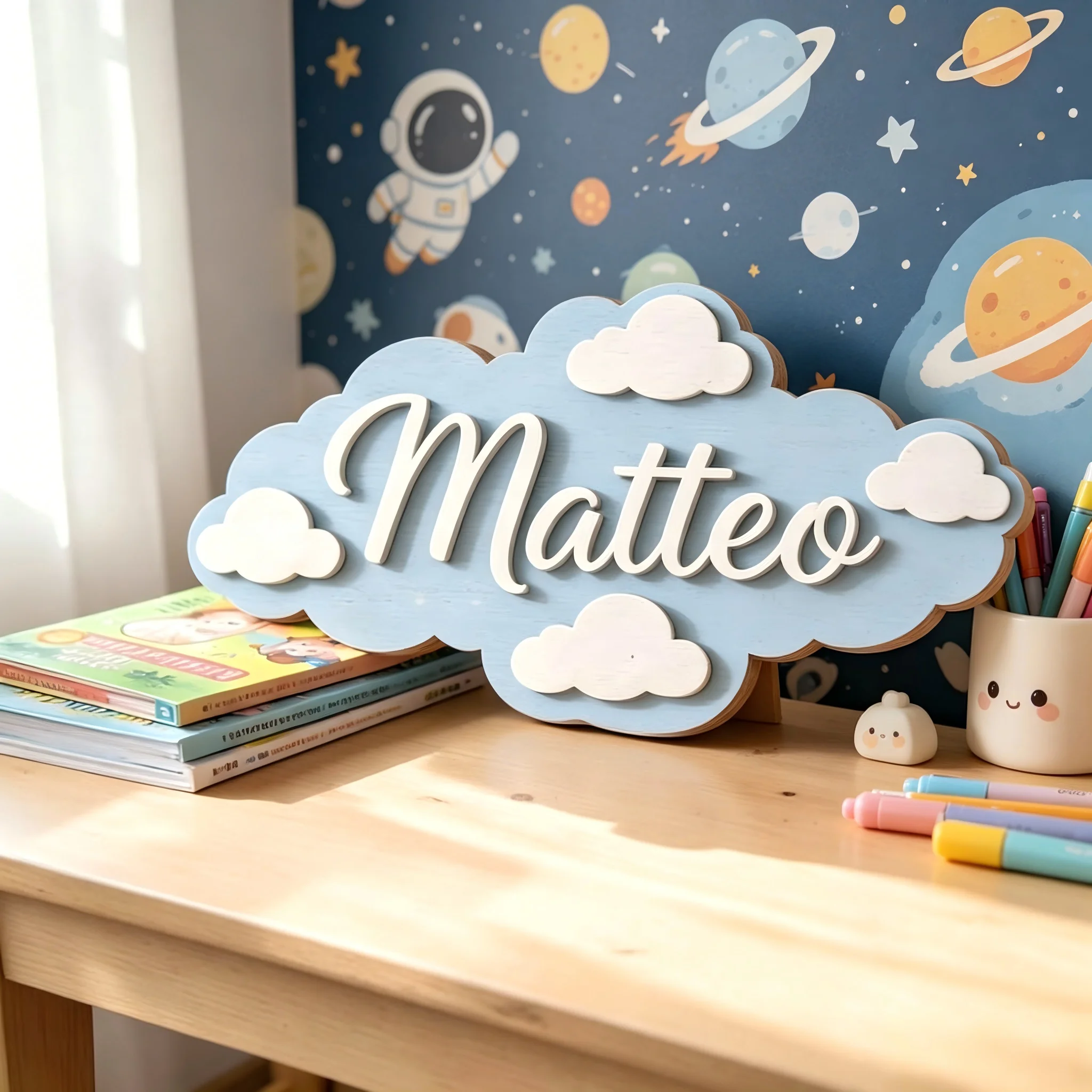 1Pc Custom Light blue clouds Wooden Name Plaque,Home Room Office Nursery  Wall Door Decor,DIY Paintable,Birthday Wedding Gift