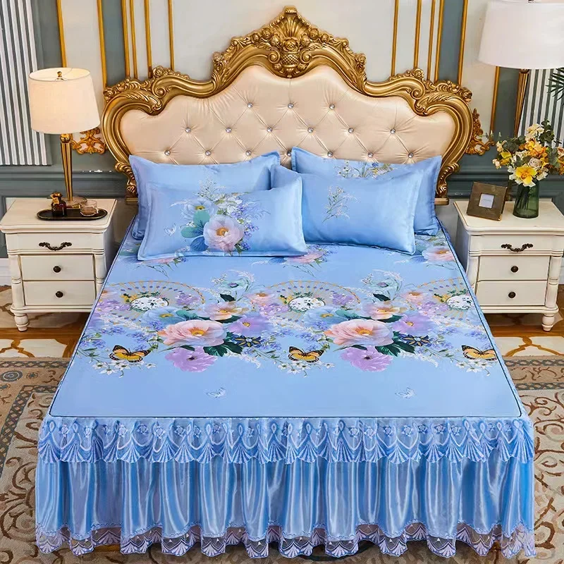 

3pcs Set Summer Cool Bedspread King Queen Size Floral Romantic Printed Bed Skirt with 2pcs Pillowcase Anti-slip Bed Cover