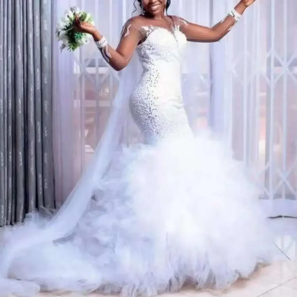 

Customized Modern Scoop Neck Full Handwork Beads Sequins Mermaid Wedding Dress Vestido De Casamento Tiers Tulle Long Sleeves B