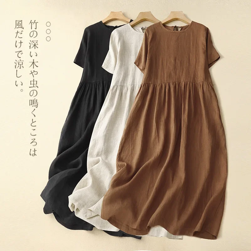 

Women Cotton Linen Midi Dresses Summer Chic Female Vestidos Loose Solid A-Line Boho Dress Short Puffy Sleeve Casual Sundress New