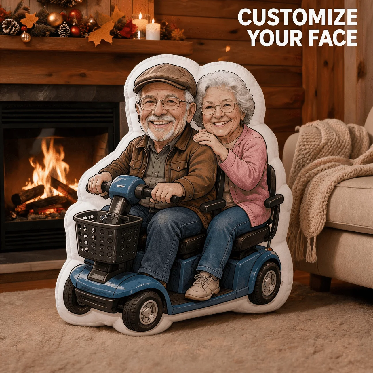 Custom Photo Couple Shaped Pillow, Personalized Face Decorative Cushion with Scooter Design, 60CM Large Size Accent Pillow for S