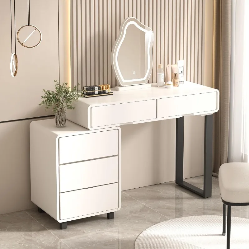 Modern Vanity Desk with Led Mirror and 3 Color Lights, Adjustable Brightness, Small Makeup Vanity Set with 5 Drawers