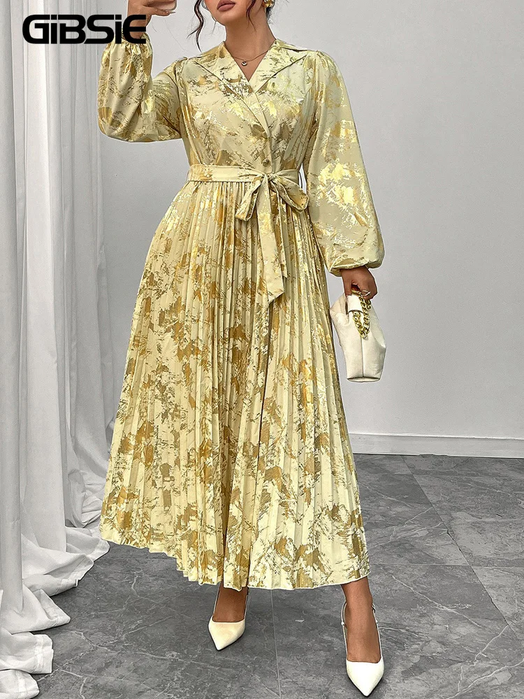 

GIBSIE Plus Size Notched Neck Bronzing Belted Dress Women's Autumn Long Sleeve Retro Elegant Pleated Long Dresses 2025 New