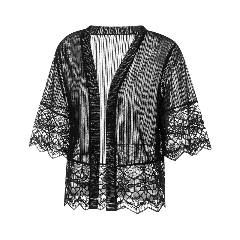 Women s Open Front Shrug Short Sleeve Solid Color Lace Patchwork Sheer Bolero Cover Up