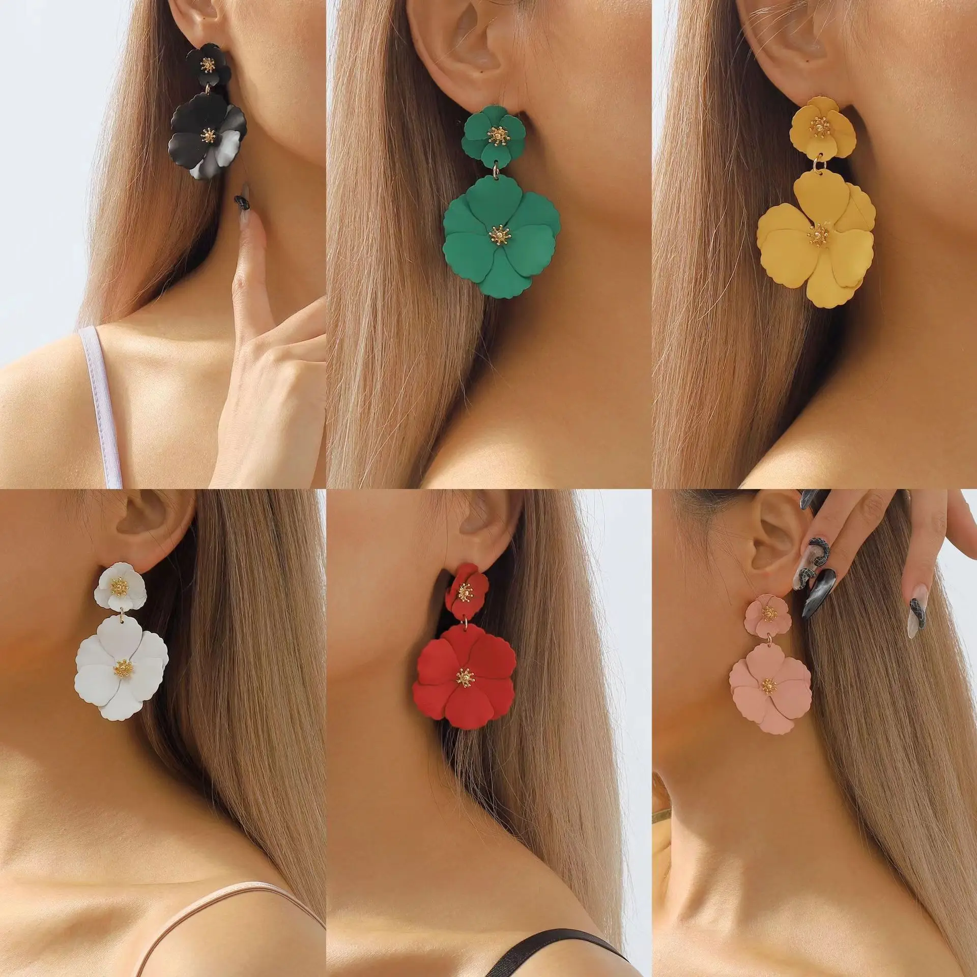 Versatile European and American fashion long dopamine flower temperament earrings with inset style Korean high-end feeling rose