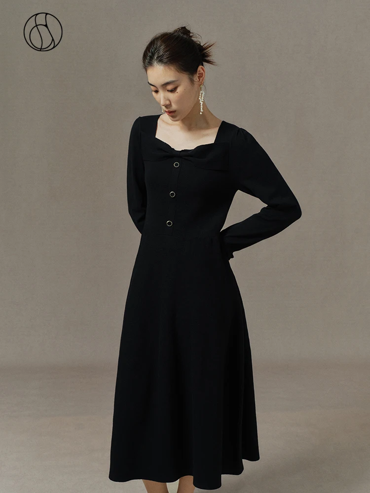 

DUSHU Retro Hepburn Style Slimming Fit Knitted Dress for Women Winter Newly French Elegant Sense Little Black Dress Female