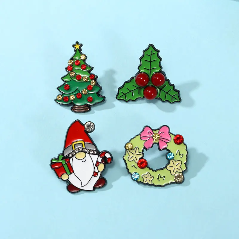 Christmas Tree Wreath Brooch Santa Claus with A Cane and Gifts Badge Clothing Lapel Pin Fashion Xmas Jewelry Accessory Wholesale