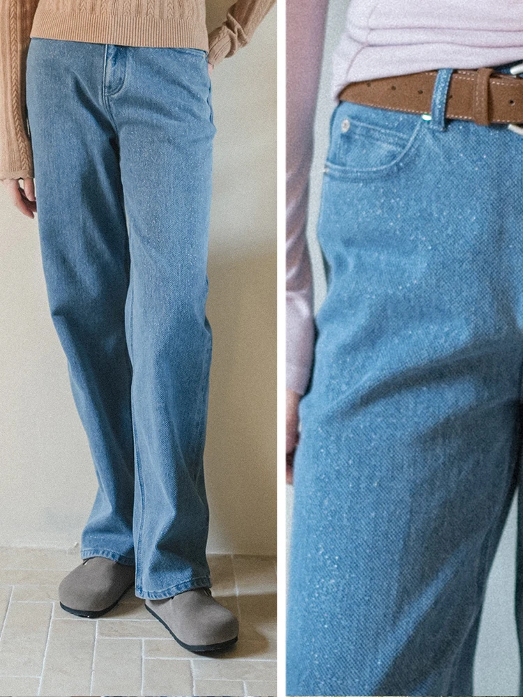 

Retro Marchnoon Jeans with Gold And Silver Threads mid High Waist Straight Leg Long Pants Versatile Slimming Blue Denim Jeans