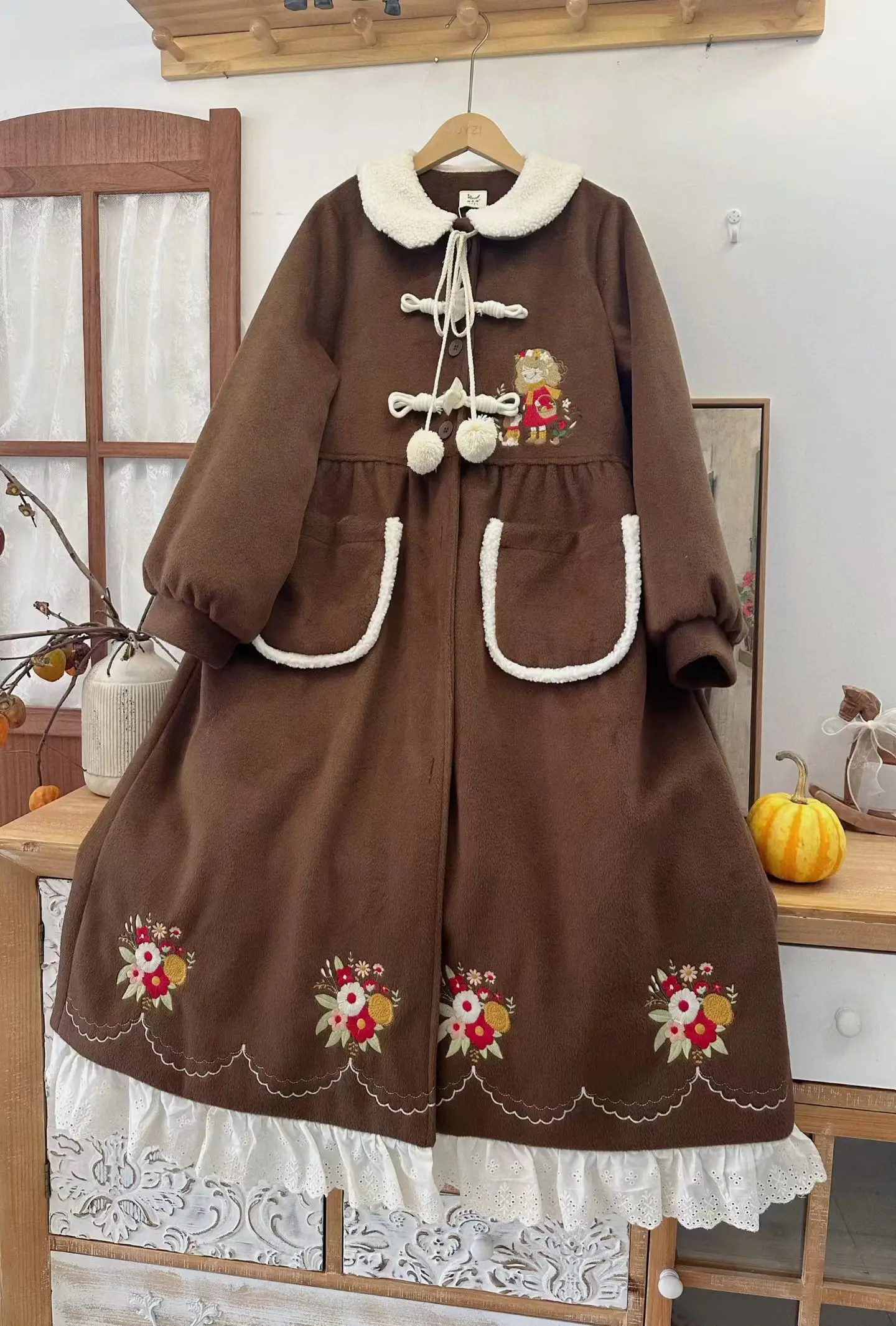 موري فتاة Cla لوليتا ملابس خارجية طويلة الخريف الشتاء المرأة الجديدة فضفاضة ضئيلة الحلو التطريز معطف ثقيل معطف الصوف سترة #5