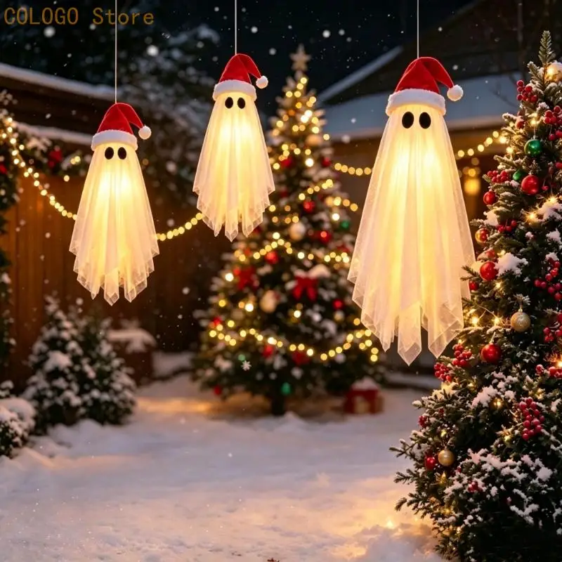Set of 3 Textured Fabric Christmas Figure Decoration with Light Effect, and Hanging Cord for Porch or Christmas Tree Display Use