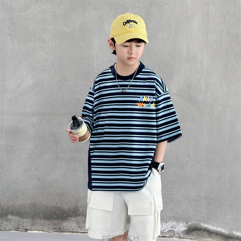 2026 New Summer Children Short Sleeve Cotton T-shirt with Stripes for Teen Boy Casual Tee Tops Wear Kids Stylish Tshirt Clothing