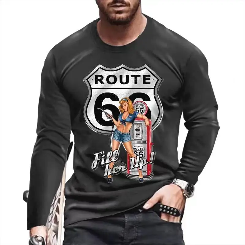 Men T-Shirt Cotton Tees Fashion 66 Letter 3D Print Long Sleeve Tops O-neck 2023  Casual Street T Shirt Oversized Clothing